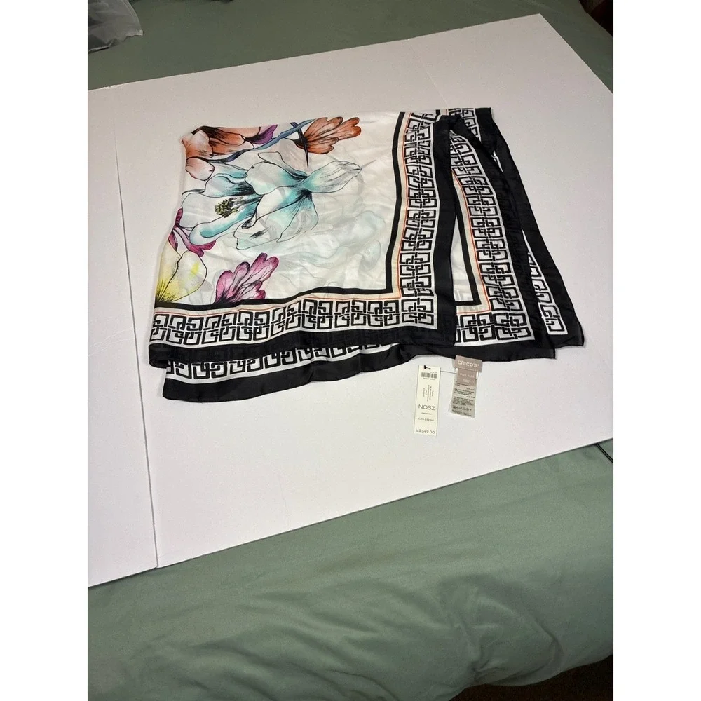 Chico's Scarf NEW‎ large square floral Resortwear vacation cruise quiet luxury